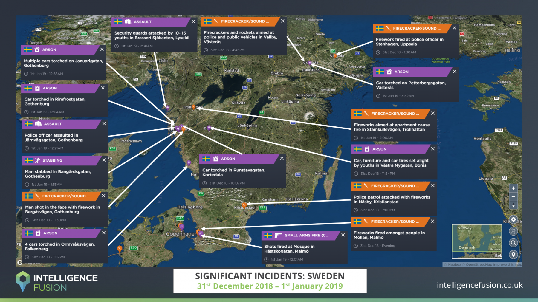 A map showing the crime across Sweden on New Year's Eve 2018